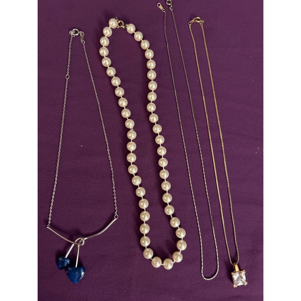 Lot of 4 Necklaces Faux Pearl Blue Hearts Silver Tone Chain Crystal Pendant